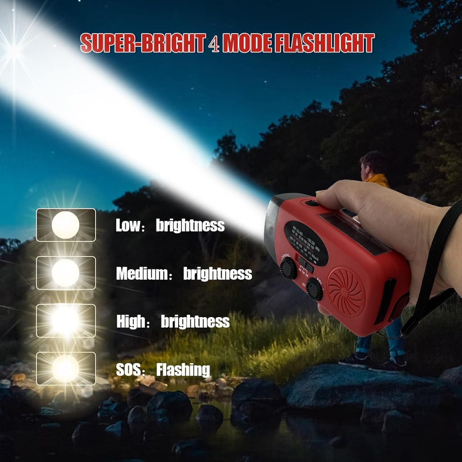 Solar Hand Crank NOAA Weather Radio, AM/FM, 2000mAh Charger, Light, SOS | 7400mWh Emergency USB phone charge, 3 LED