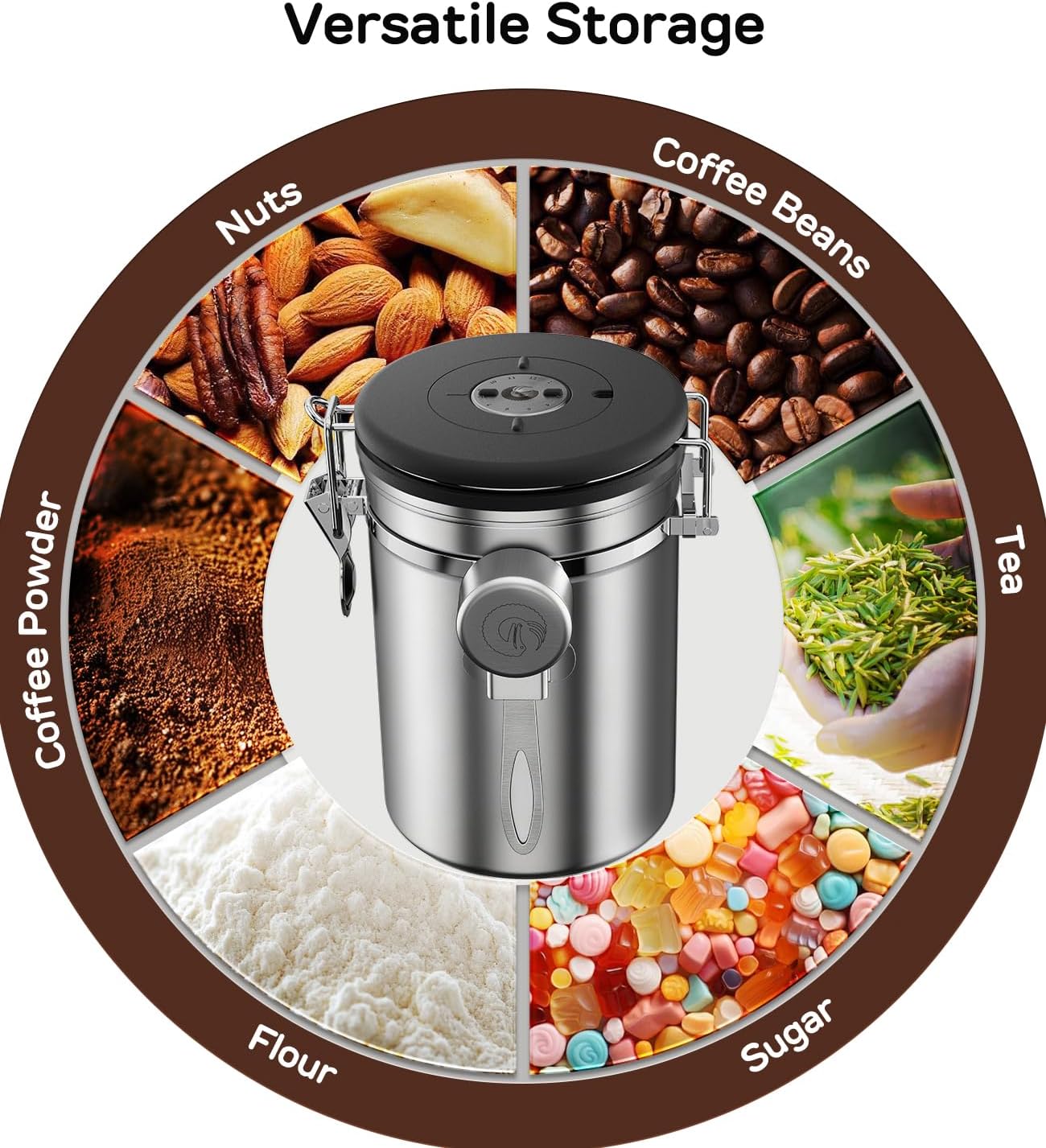 Coffee Canister - 22oz, Airtight Stainless Steel Kitchen Food Storage Container with Date Tracker, Scoop for Grounds