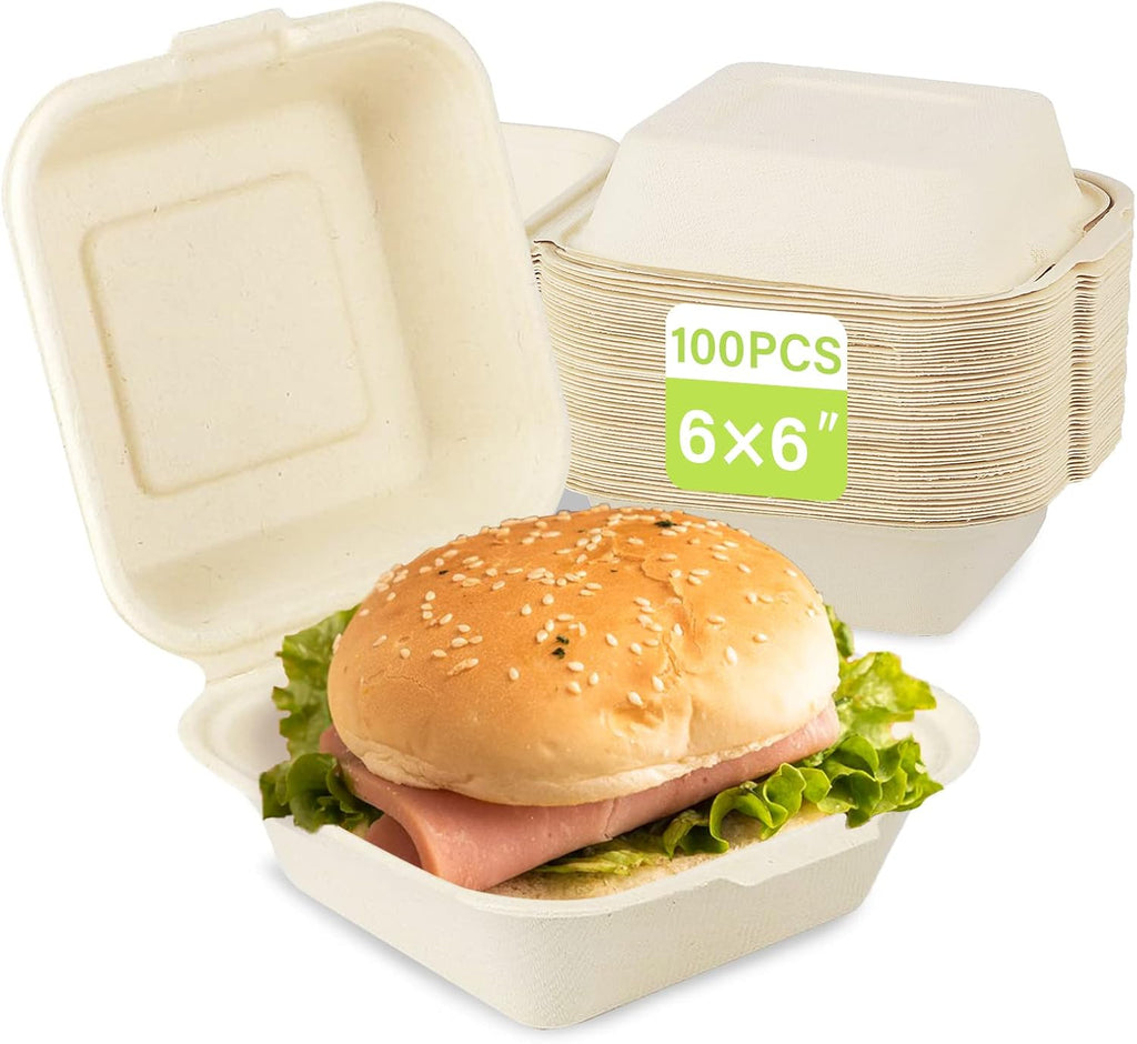 6x6 Compostable Clamshell Food Containers, 100 Pack, Bagasse