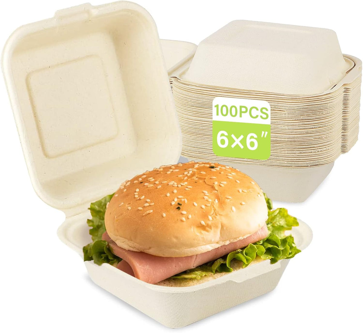 6x6 Compostable Clamshell Food Containers, 100 Pack, Bagasse