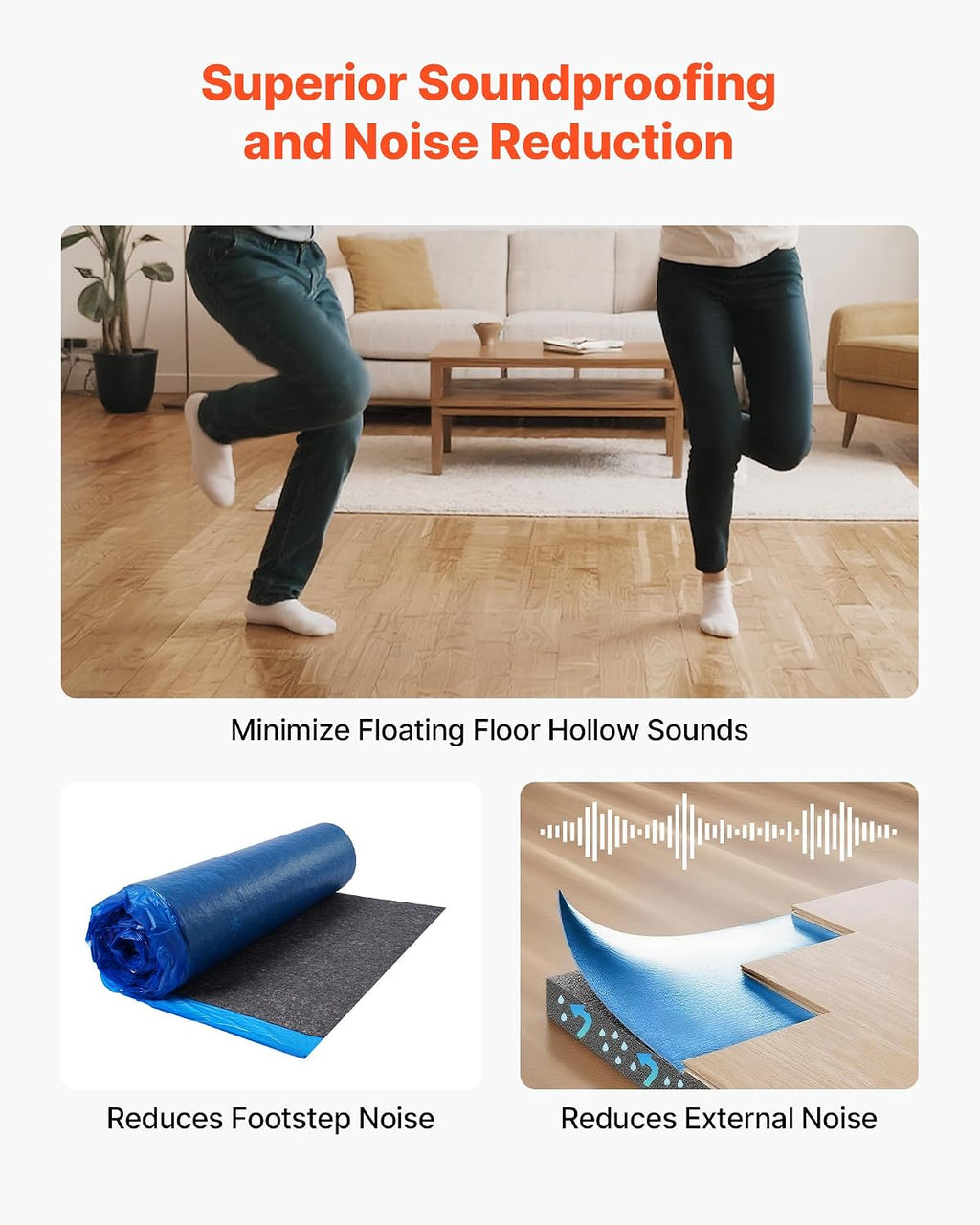 Floor Underlayment 200 sq. ft/Roll, 3 mm Thick Laminate Flooring Padding with Attached Vapor Barrier, Heavy Duty