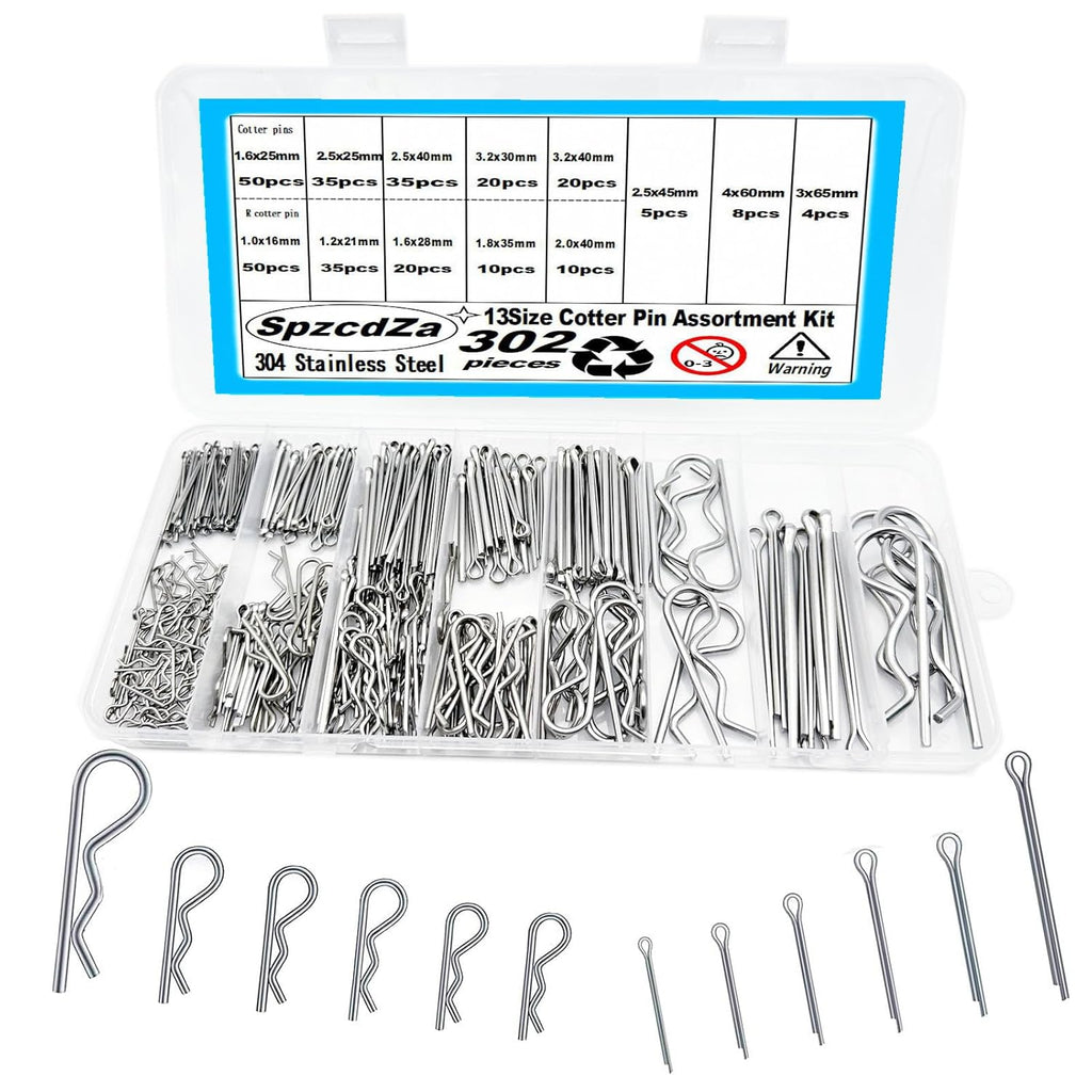 Cotter Pin Assortment Kit,SpzcdZa 302pcs 13 Size Cotter Pins Assortment Kit 304 Stainless Steel R Clips Hardware Pins