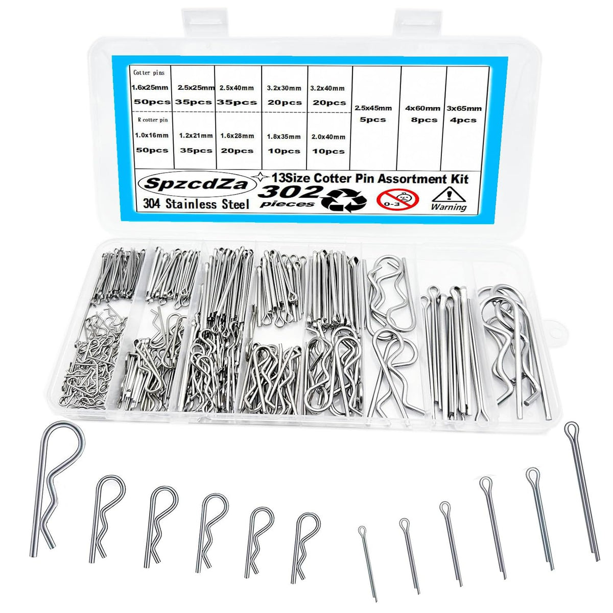 Cotter Pin Assortment Kit,SpzcdZa 302pcs 13 Size Cotter Pins Assortment Kit 304 Stainless Steel R Clips Hardware Pins