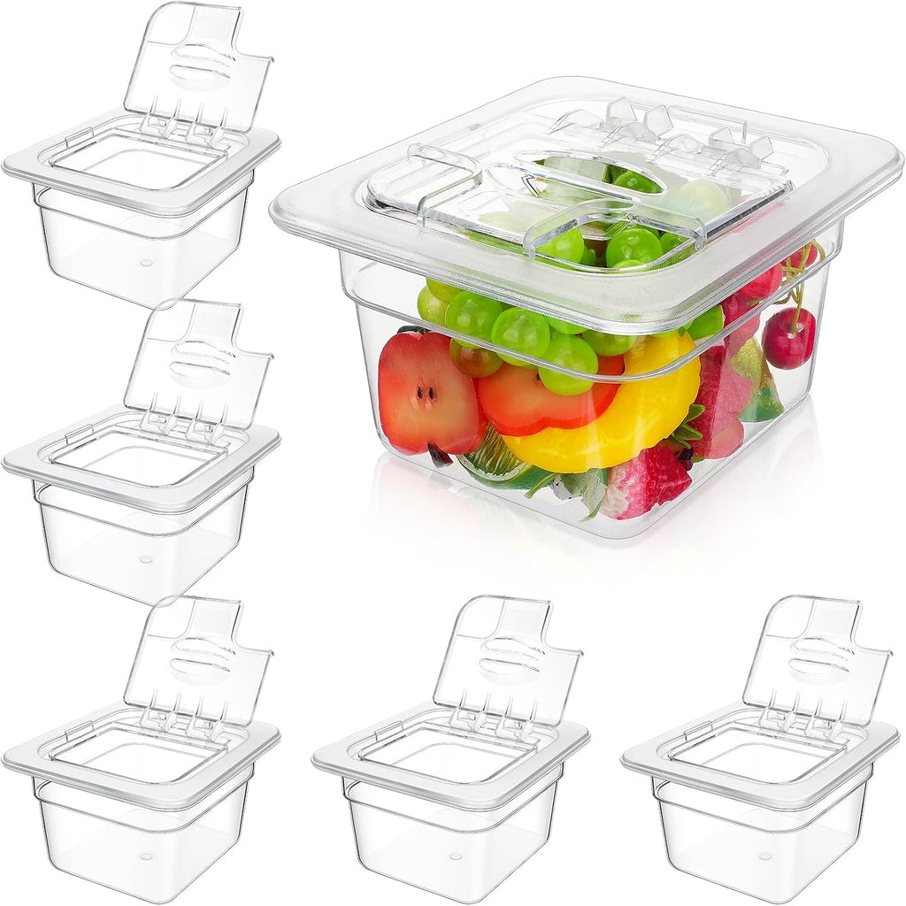 6 Packs 12 Packs Plastic Food Pan with Lid 1/6 Size 4" Deep, Clear
