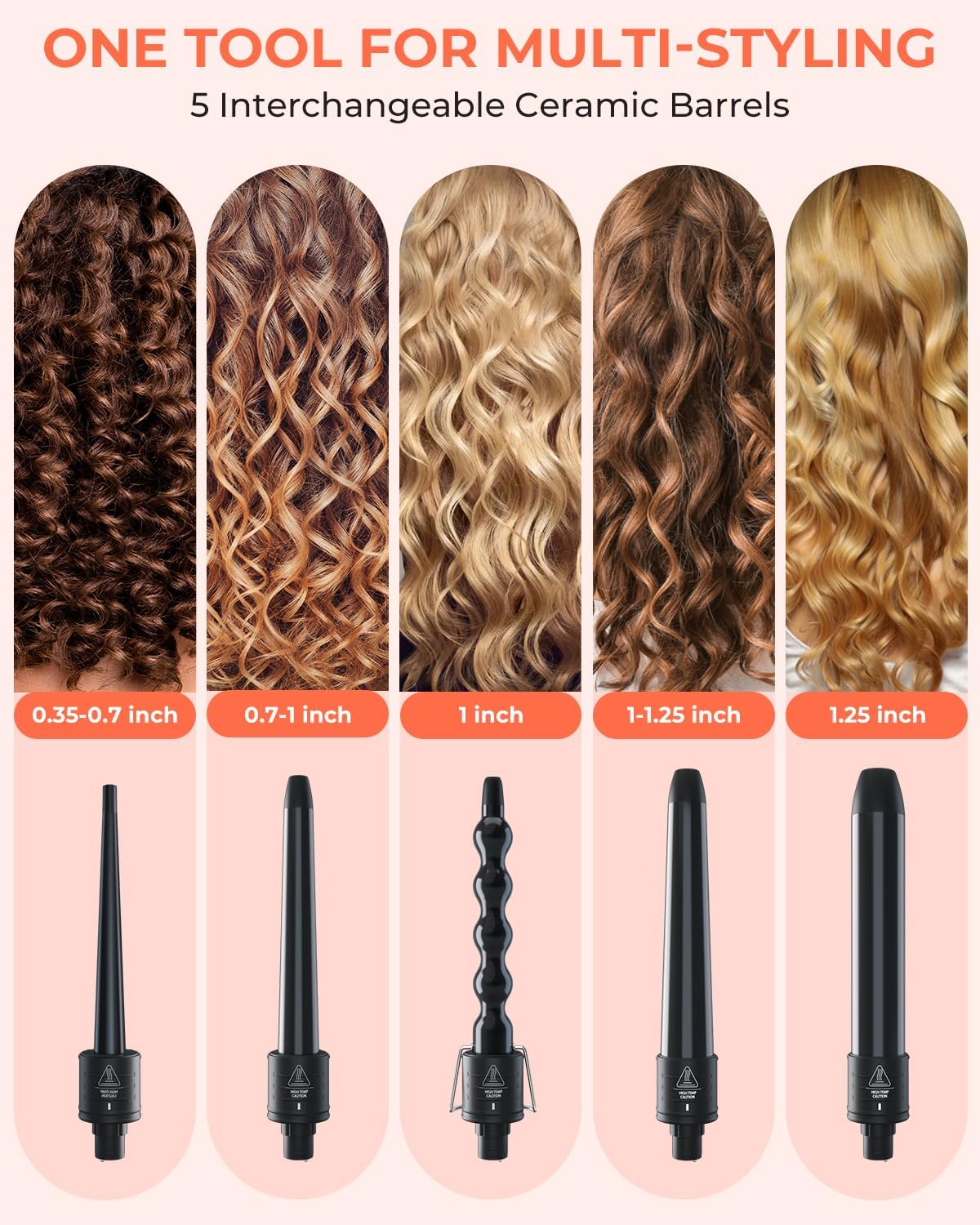 5 in 1 Curling Wand Set, 0.35"-1.25" Interchangeable Ceramic Barrels
