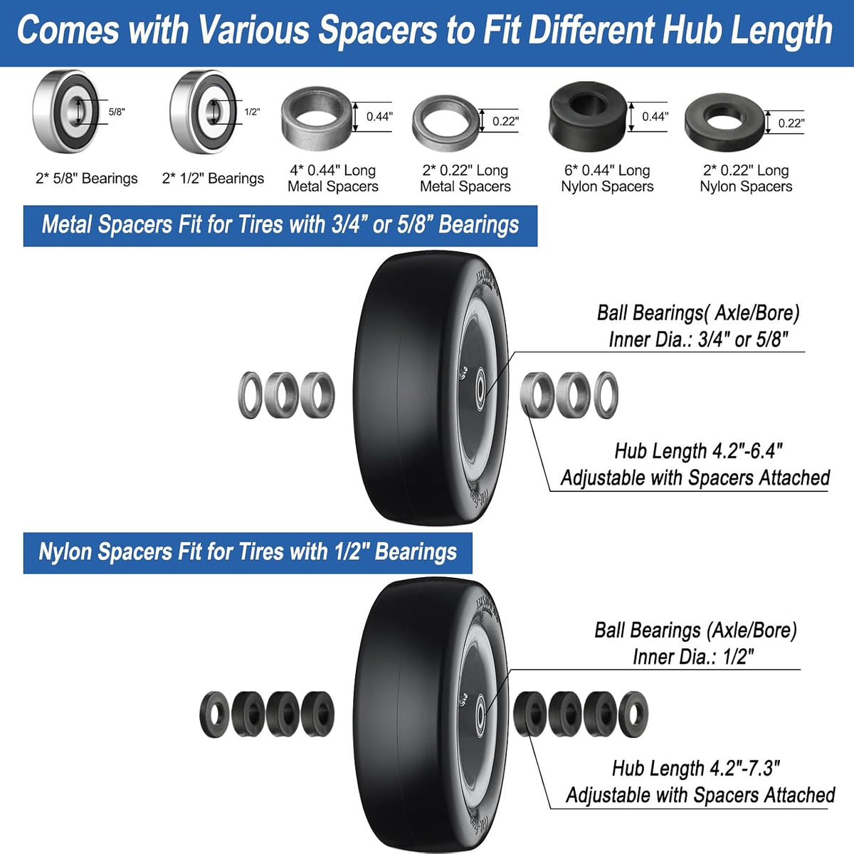 13x5.00-6 Flat Free Tire and Wheel Lawn Mower Tires Gray | Zero Turn Mower Tires with 3/4", 5/8" and 1/2" Bearings