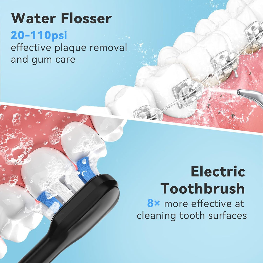Water Flosser & Electric Toothbrush Combo – 2-in-1 Oral Care for Brushing & Flossing | 300ML Water Tank, 20–110 PSI