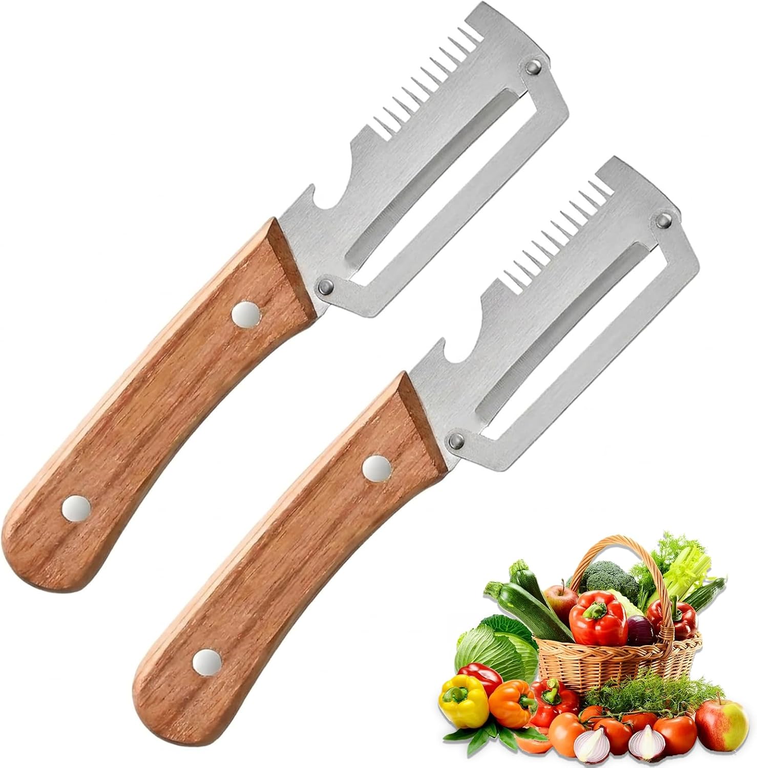 Vegetable Peeler for Kitchen – Multifunctional Stainless Steel Peeler with Wooden Handle & Bottle Opener, Durable for