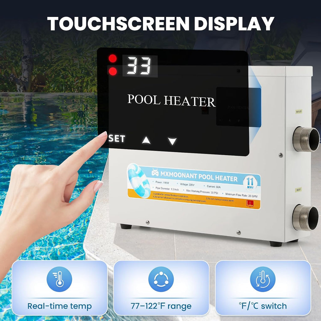 18KW SPA Heater, 220V Electric Pool Heaters Hot Tub Thermostat | Touchscreen Control, °F/°C Switching, 77-122℉ Temp