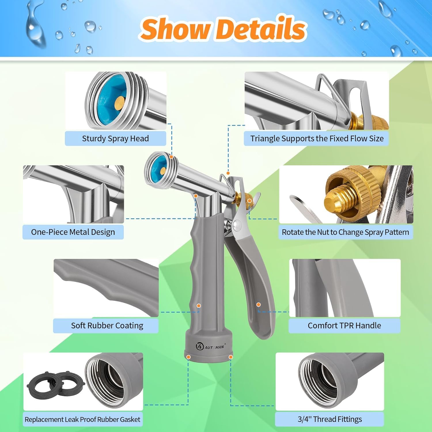 Full Size Garden Hose Nozzle 4 Pack, High Pressure Pistol Grip Water Nozzle Sprayer with Threaded Front, Adjustable