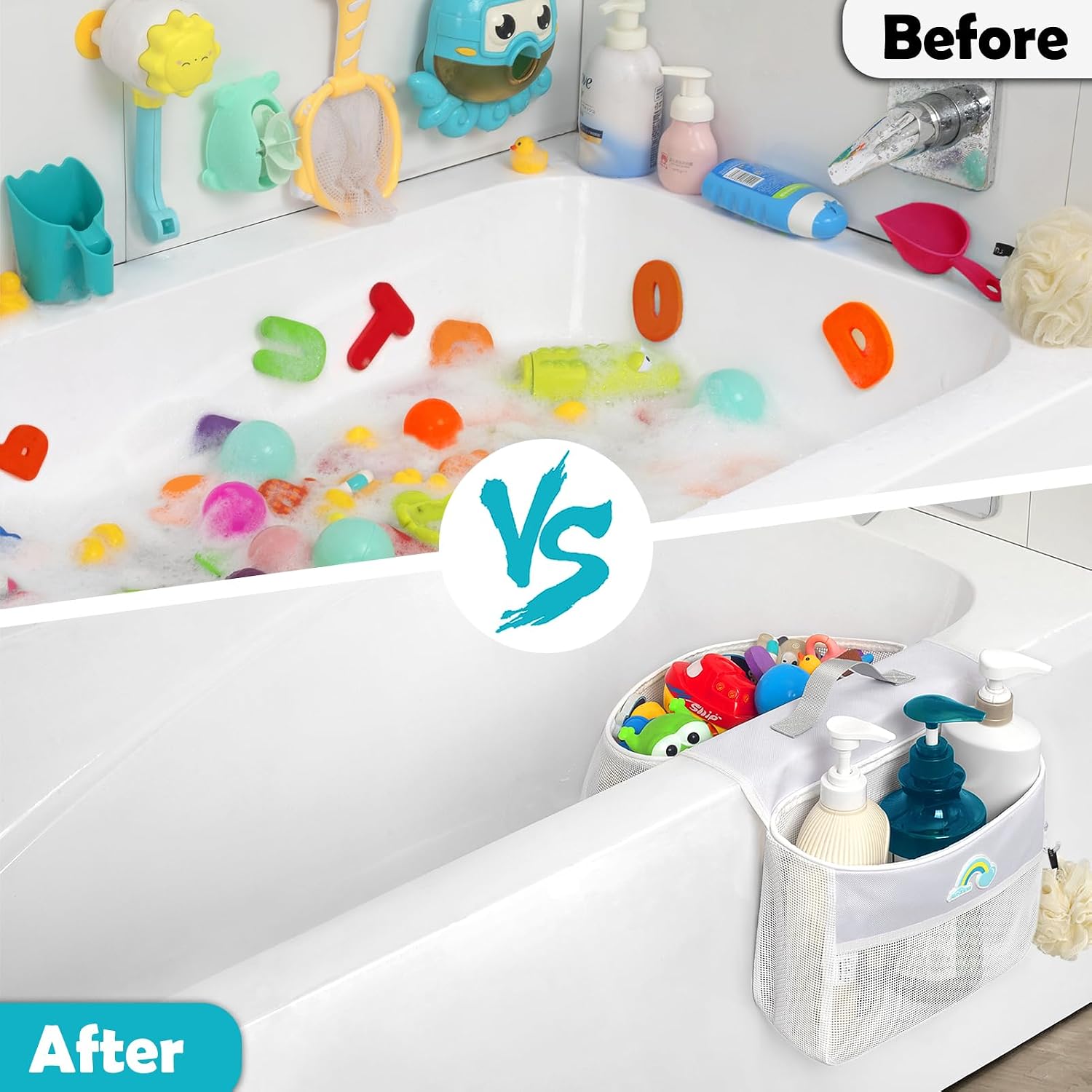 Saddle shape 2 Compartments Bath Toy Organizer, Easy Access for Children, Wide Opening Bath Toy Holder for Drying