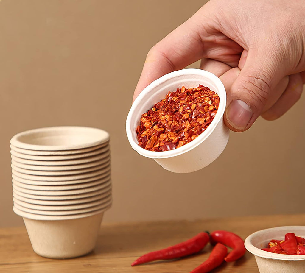 200 Pack 2 oz Natural Bagasse Fiber Cups with Lids, 2.3'' x 1.1''(H) x 1.6'' Paper Tasting Cups Disposable Sample
