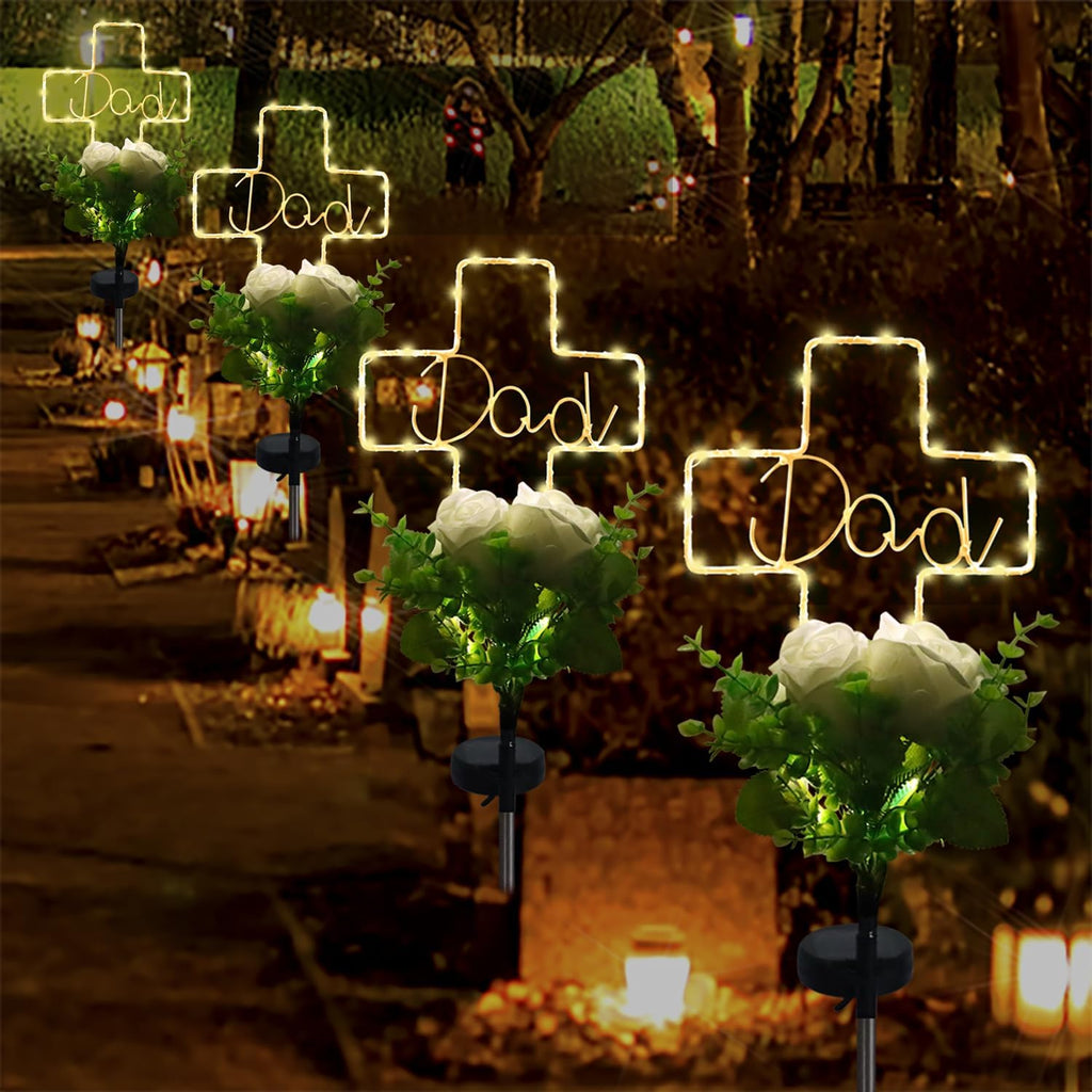Solar Cross Light for Dad‘s Grave – 2 Modes with Rose Flower, Waterproof Outdoor Light for Cemetery, Perfect for
