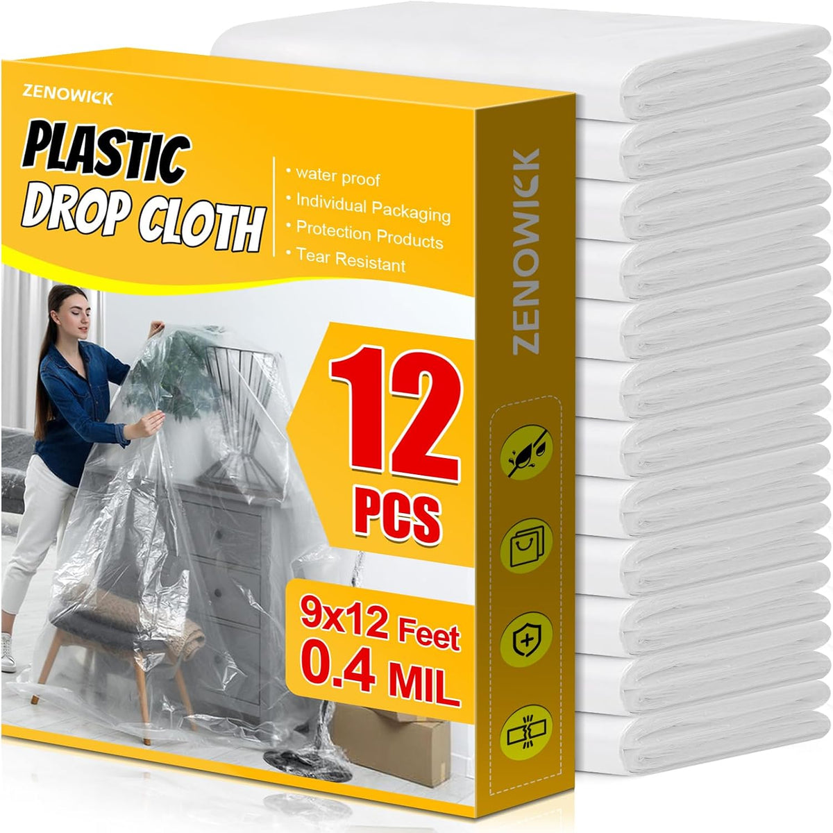 12 Pack Plastic Drop Cloth, 9x12 Ft Plastic Sheeting for Painting