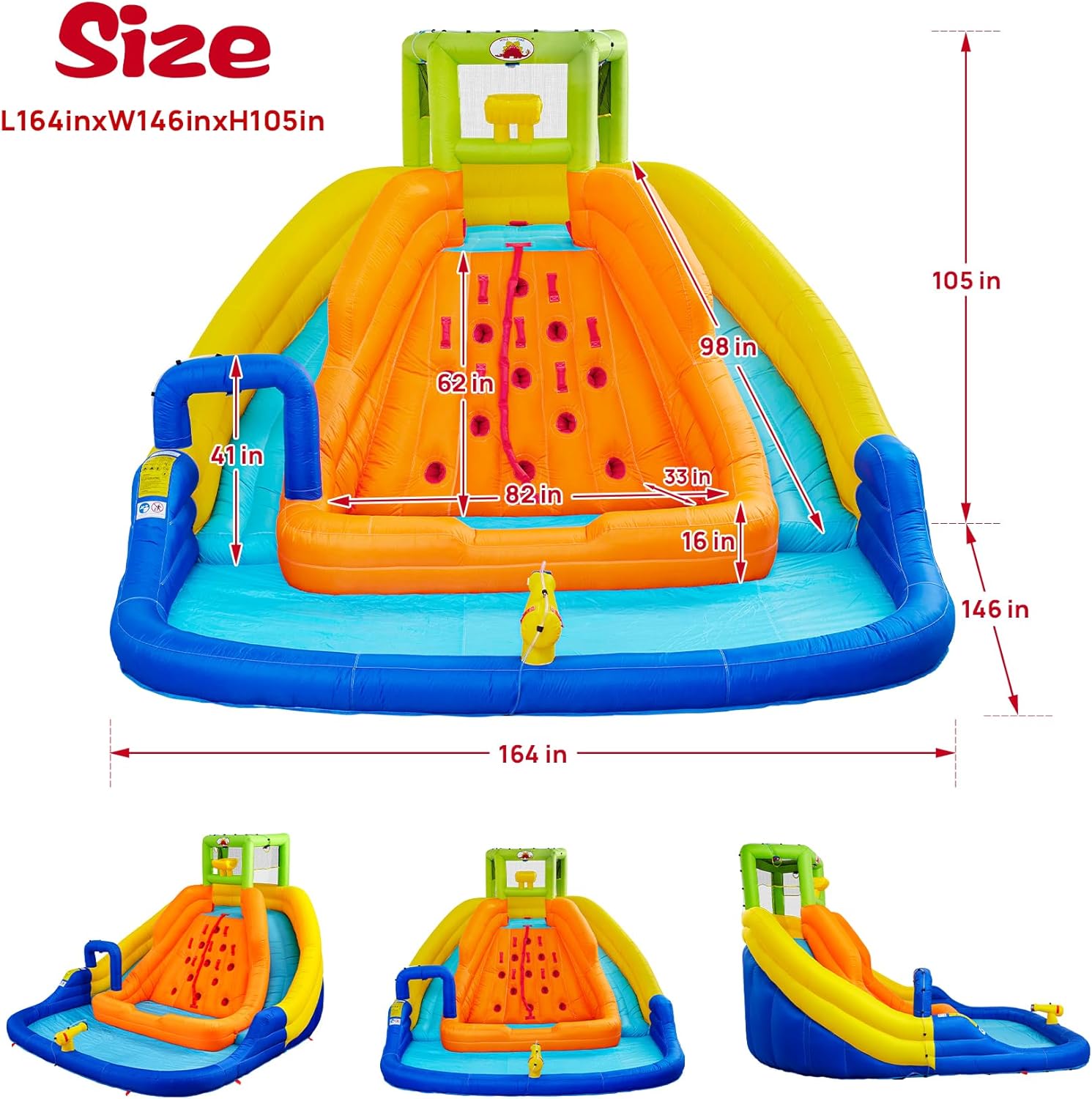 Inflatable Water Slide, Bounce House with Water Bucket, Deep Pool, Climbing Wall with Rope, Bouncy Castle with Air