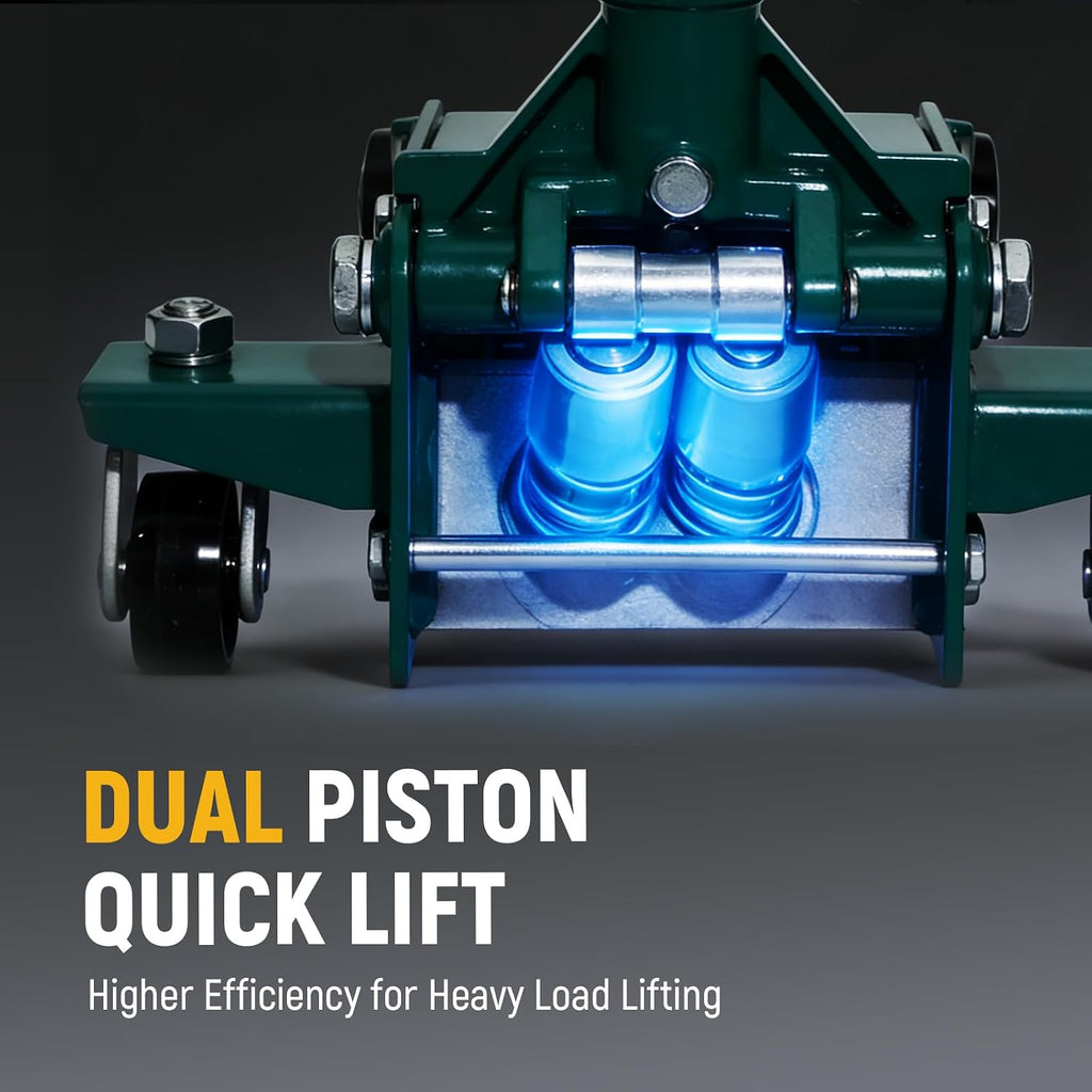 3-Ton (6,600 lb) Heavy-Duty Steel Floor Jack Ultra-Low Profile Design (2-11/16” Height) with Dual-Piston Quick Lift