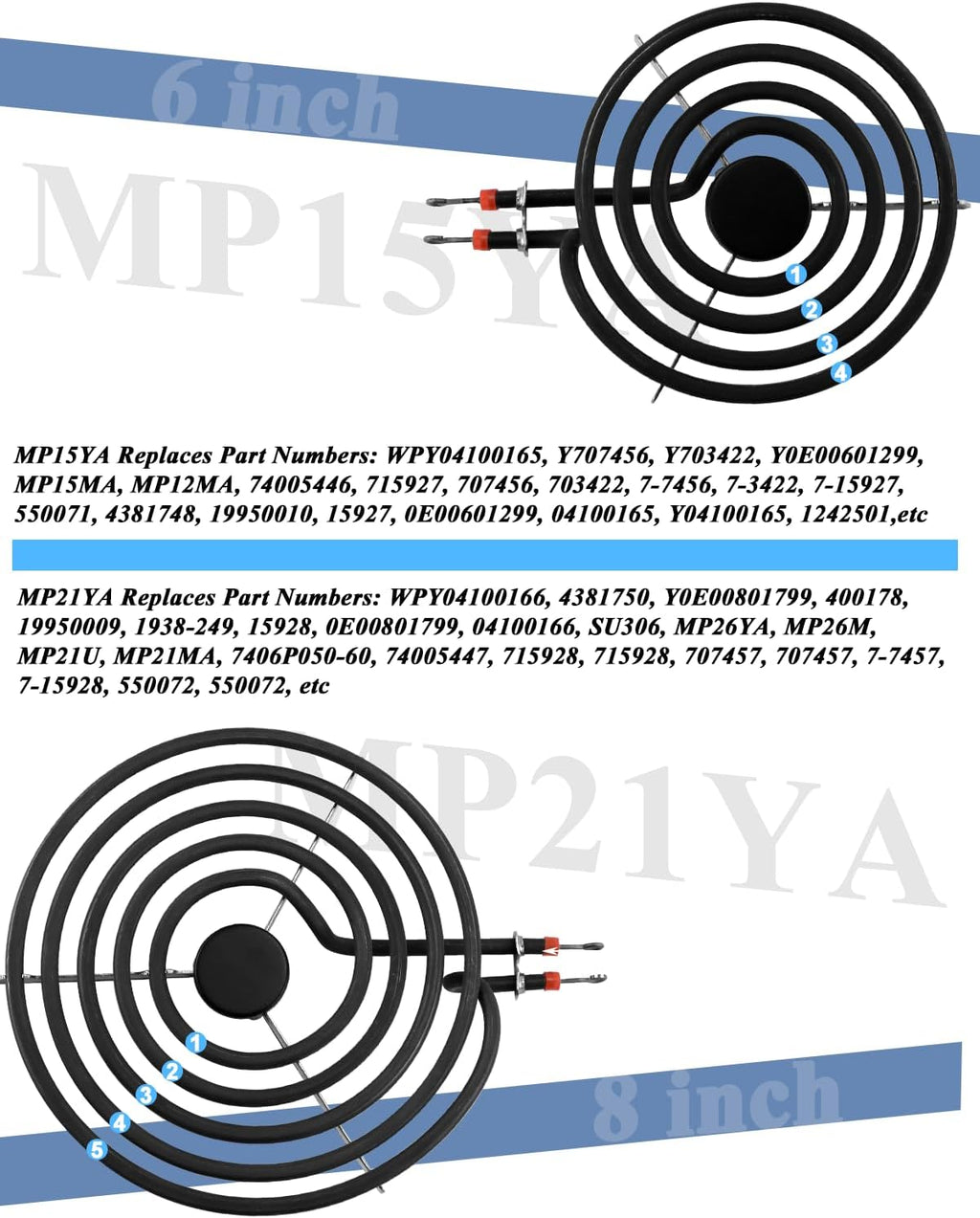 Upgrade MP22YA 4 Pack Electric Range Burner Element Unit Set Include 2 x MP21YA 8" Stove Burner & 2 x MP15YA 6" Stove Burner Element Fit for Frigi-daire Whirl-pool Ken-more Range Stove By Fetechmate