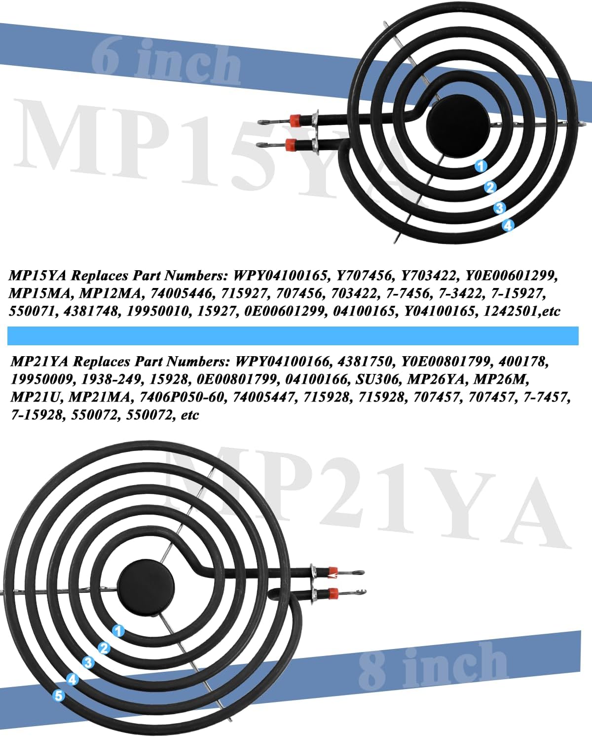 Upgrade MP22YA 4 Pack Electric Range Burner Element Unit Set Include 2 x MP21YA 8" Stove Burner & 2 x MP15YA 6" Stove Burner Element Fit for Frigi-daire Whirl-pool Ken-more Range Stove By Fetechmate