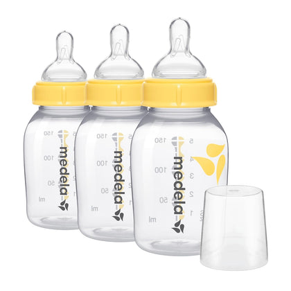 Slow Flow Feeding & Storage Bottles, 3 Pack of 5 Ounce Bottle with Nipple, Lids, Wide Base Collars, and Travel Caps