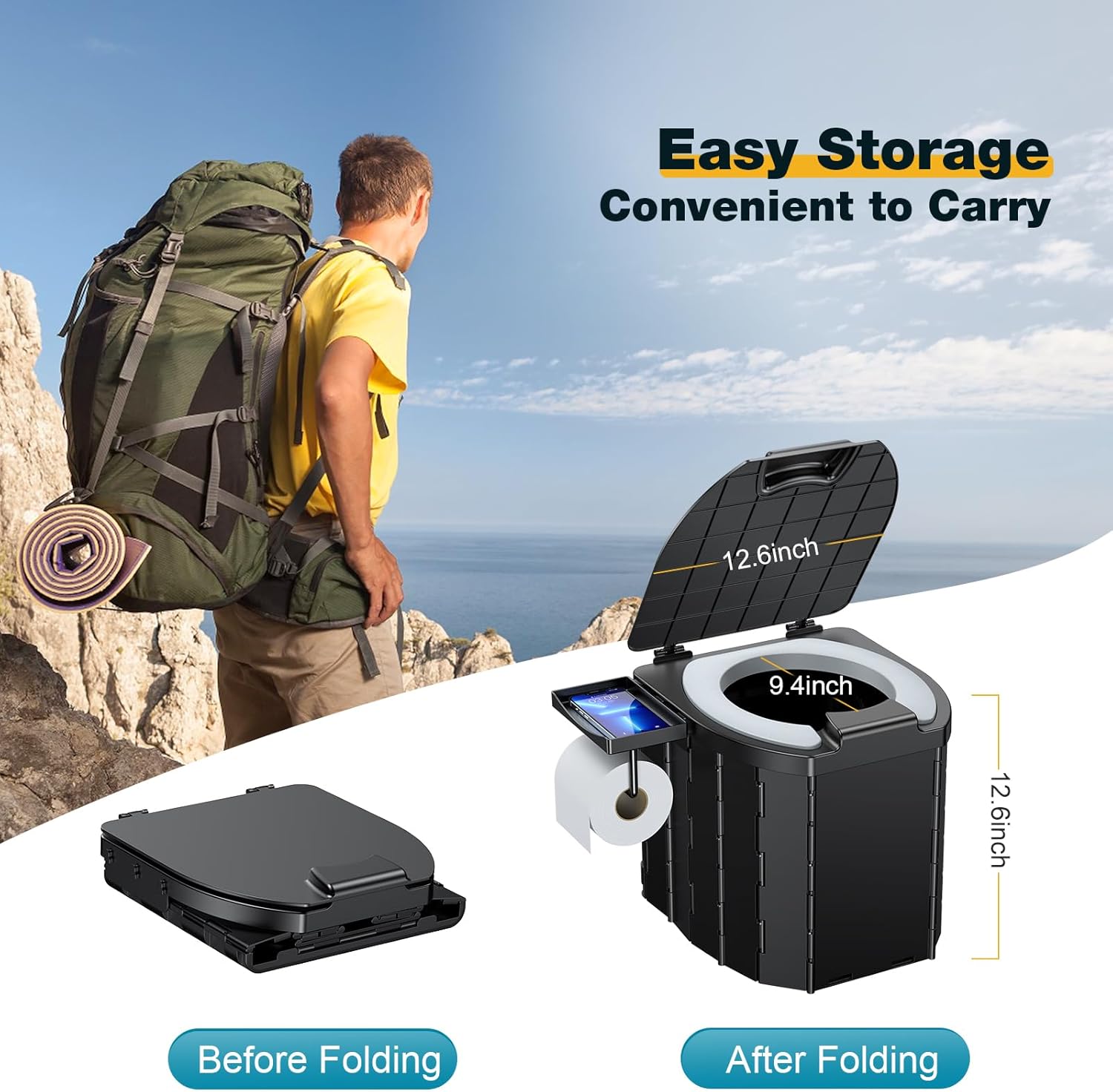 Camping Toilet - Upgraded soft toilet seat with urine Splash Guard, Folding Toilet with Detachable Paper Holder