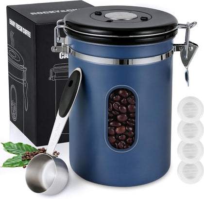 1800ML Airtight Coffee Canister with Date Tracker&Transparent Window, 22.8OZ Coffe Beans Storage with 30ML Measure