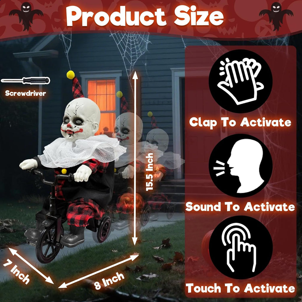 [Moving Back and Forth] Halloween Animatronic 15.5” Clown Ride on Bicycle, Sound Activated Spooky Talking Halloween