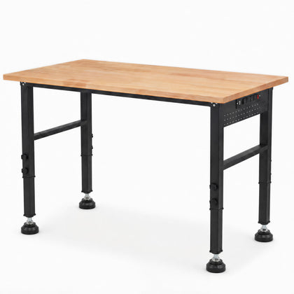 48" Workbench with Footpads, Adjustable Height Work Bench with Rubberwood Top, Built-in Power Outlet with 4 AC