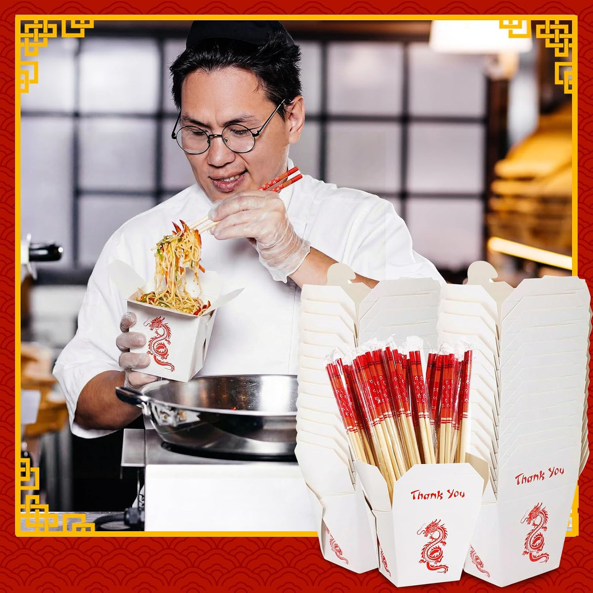 50 Sets Chinese Take out Boxes with Separated Chopsticks 16 oz