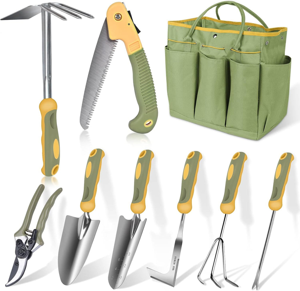 Garden Tool Set, WisaKey 9 Piece Stainless Steel Heavy Duty Gardening Hand Tools Durable Garden Tool Bag Gardening