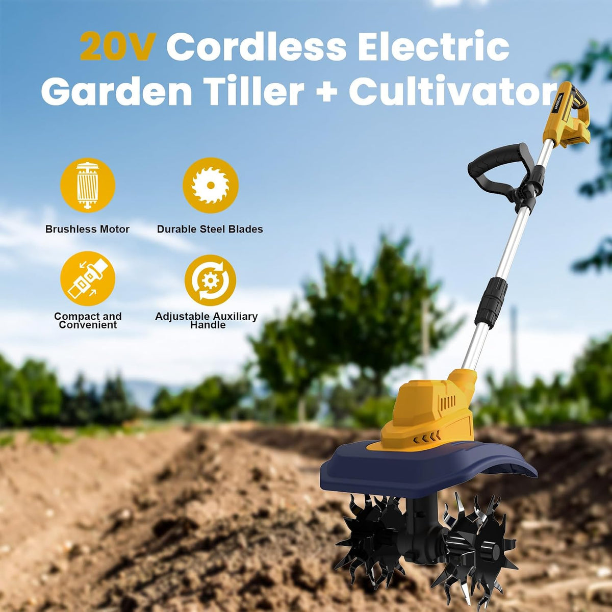 Cordless Garden Tiller Cultivator Compatible with Dewalt 20V/60V Battery | 250RPM Electric Rototiller with Brushless