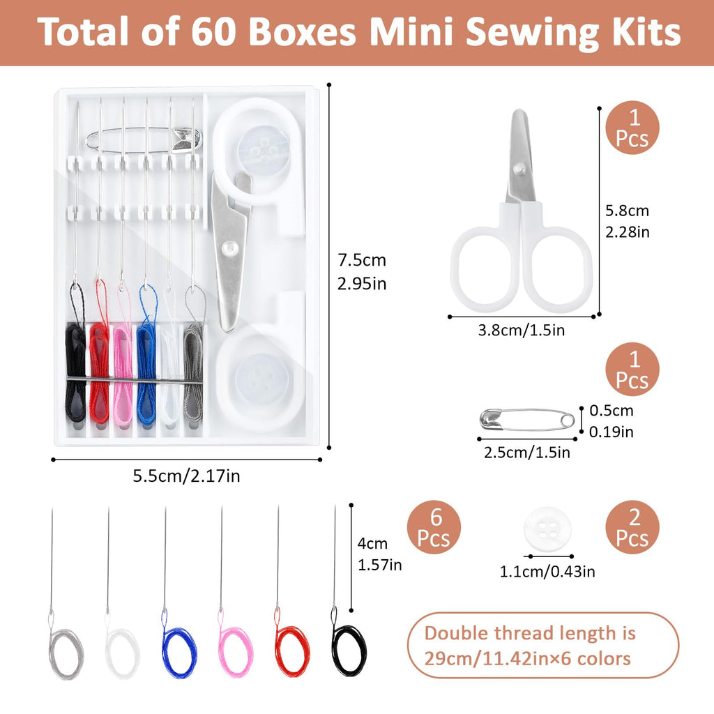 60 Boxes Mini Sewing Kit, Pre-Threaded Travel Sewing Kit with Scissors