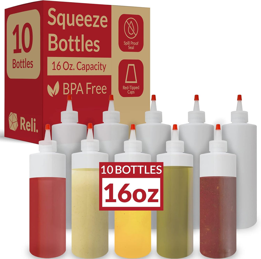 Plastic Squeeze Bottles, 16 oz. | 10 Pack | Clear with Red Tip Cap