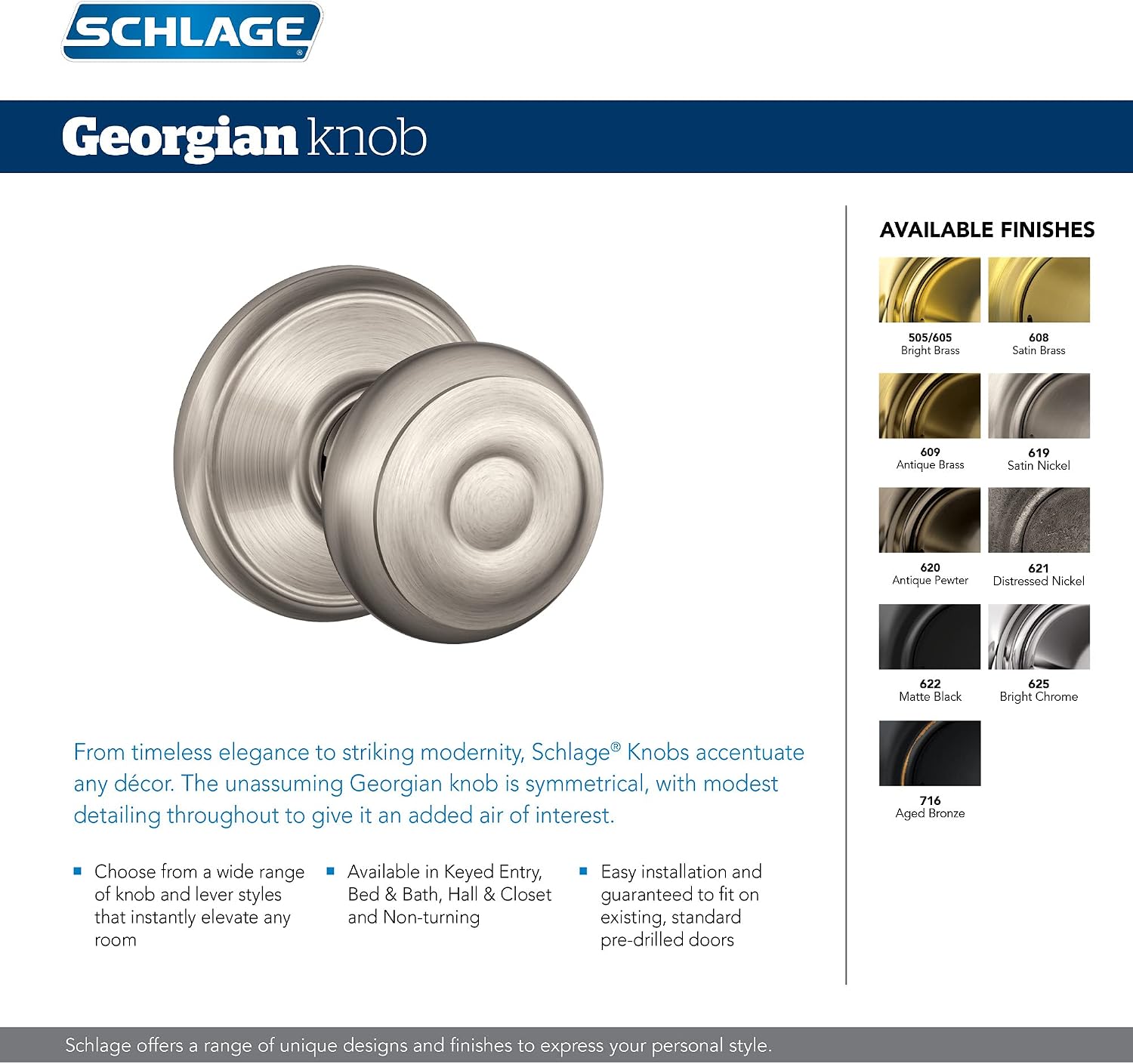 FB50N V GEO 505 B60 Single Cylinder Deadbolt and F51 Keyed Entry Georgian Knob Keyed Alike, Bright Brass Finish