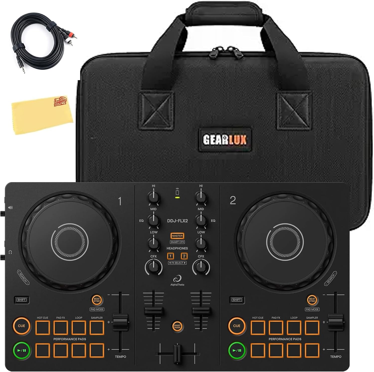 Pioneer DJ AlphaTheta DDJ-FLX2 Compact 2-Channel DJ Controller Bundle with Carrying Case, TRS Cable, and Austin