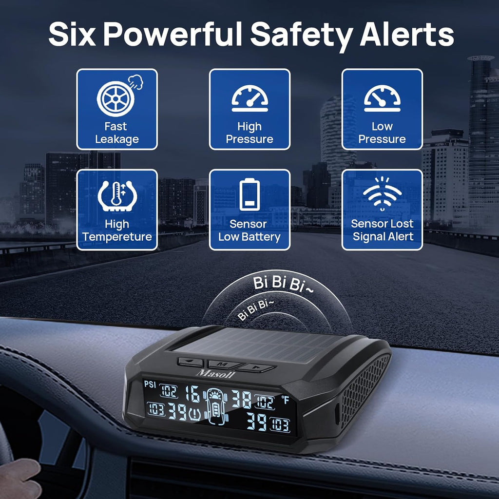 RV Tire Pressure Monitoring System,TPMS with 4 Tire Pressure Sensors | Solar Charger, 6 Alarm Modes, 0-99 PSI for