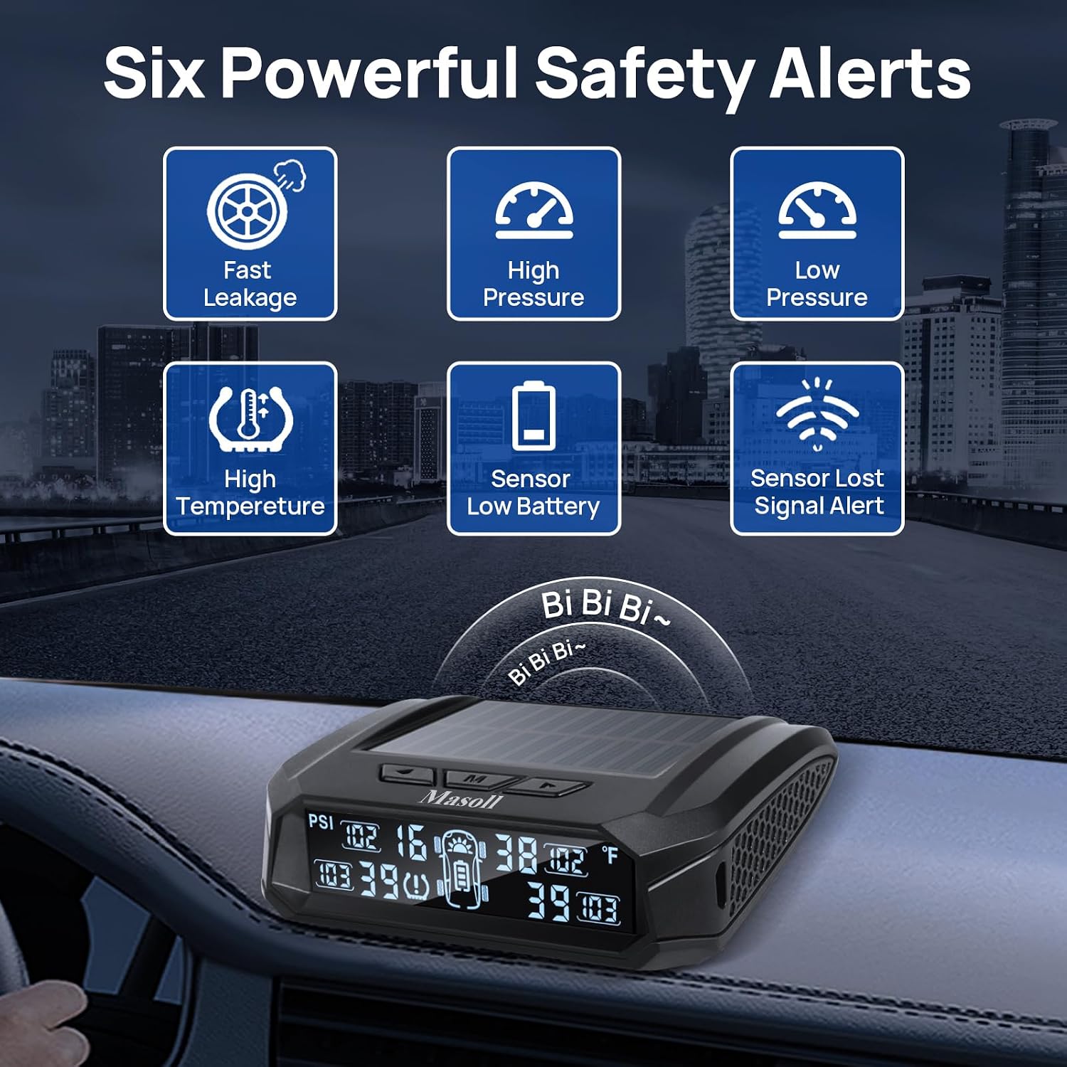 RV Tire Pressure Monitoring System,TPMS with 4 Tire Pressure Sensors | Solar Charger, 6 Alarm Modes, 0-99 PSI for