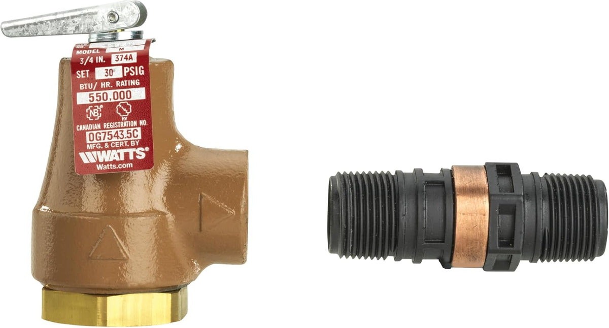 Watts 374A Boiler Pressure Relief Valve 3/4 In 30 psi Flood Sensor