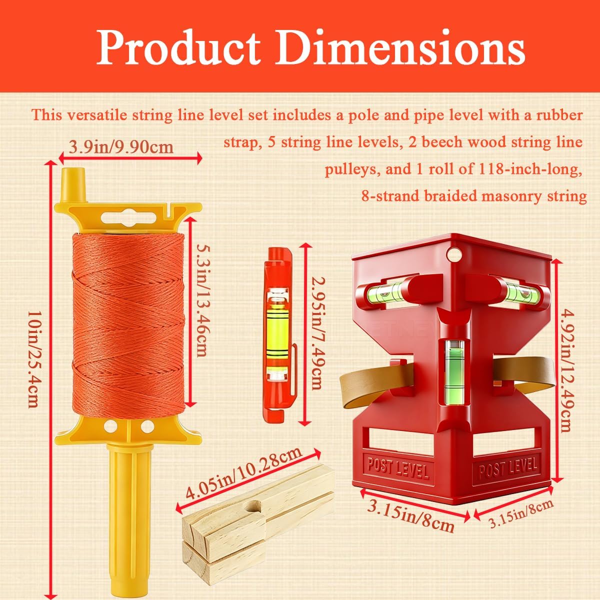 Post Level String Line Kit for masonry & fence post leveling | Includes post & pipe level with rubber strap,5 line