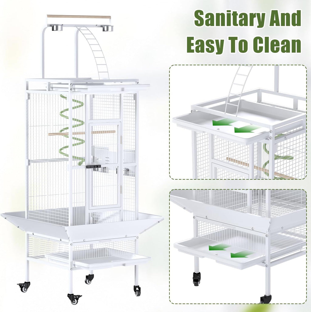 61 Inch Wrought Iron Large Bird Cage with Rolling Stand, Heavy-Duty Parakeet Cage with Pull-Out Tray and Wheels