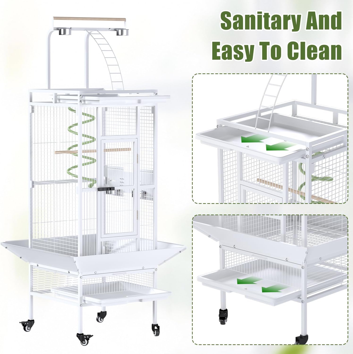 61 Inch Wrought Iron Large Bird Cage with Rolling Stand, Heavy-Duty Parakeet Cage with Pull-Out Tray and Wheels