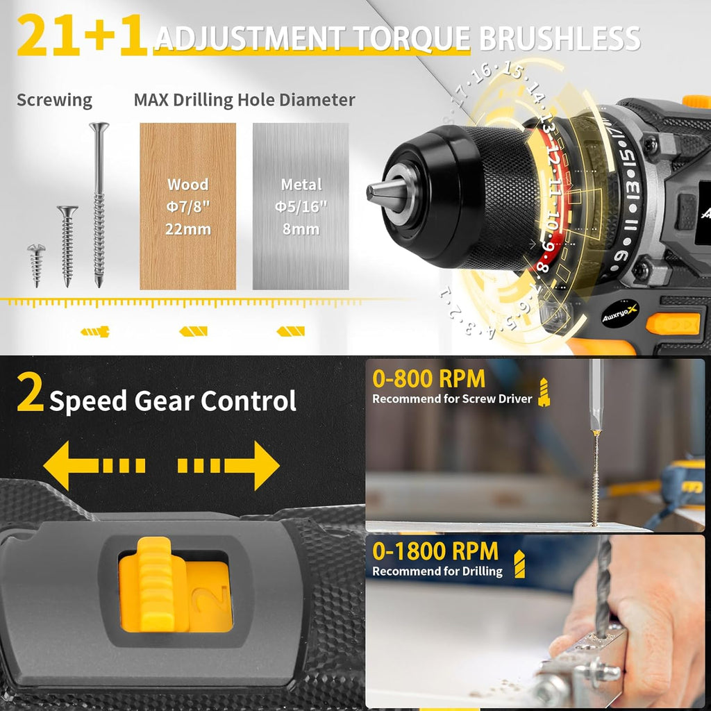 Brushless Compact Drill Tool Set, 60N.m 20V Cordless Drill Tool Box with 2 Battery, 135Pcs Man Household Combo Set