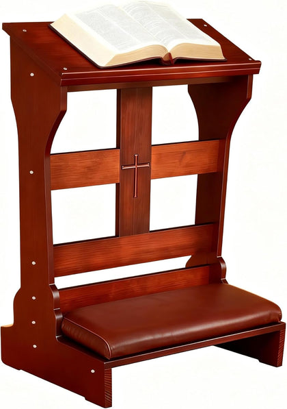 Wood Prayer Bench with Cushion – Kneeler for Home and Church, Padded Kneeling Stool with Slanted Shelf for Bible, 23"