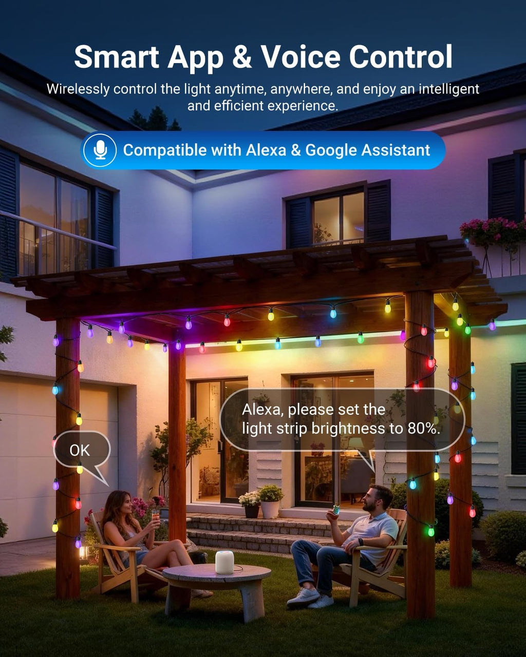 96ft Outdoor String Lights, App Control Smart AI RGB IC W Hanging Outside Warm White Patio Balcony Backyard Lighting