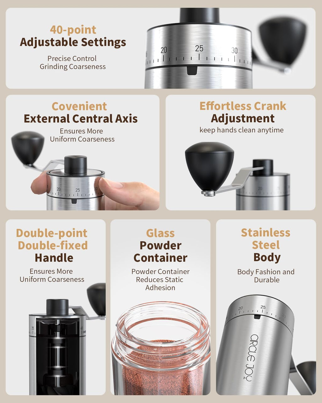 Mini Manual Coffee Grinder with 40 External Adjustable Settings and Ceramic Conical Burr, Portable Stainless Steel