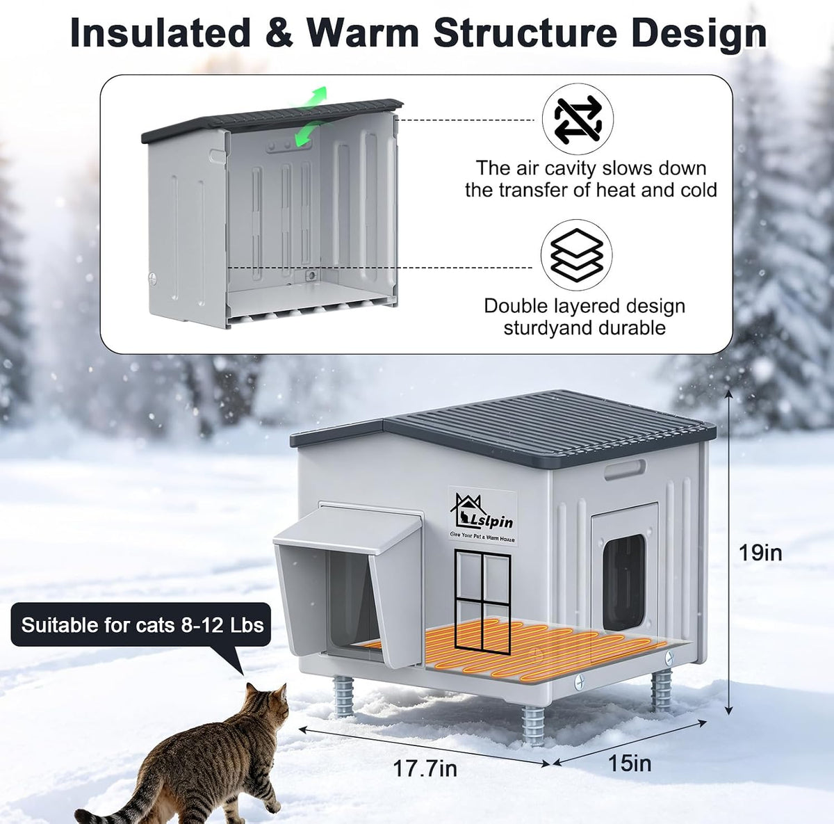 Indestructible Heated Cat House for Outside, 100% Waterproof & Weatherproof Heated Outdoor Cat House with Escape Door