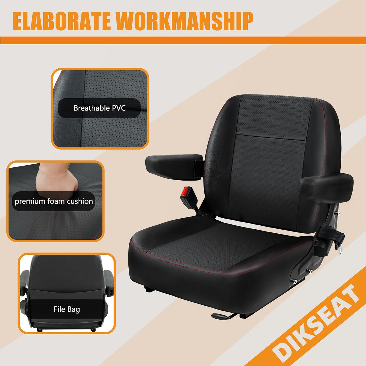 Universal Forklift Seat,Riding Lawn Mower Seat with Armrest,Tractor Seat with Micro Switch and Safety Belt,Storage