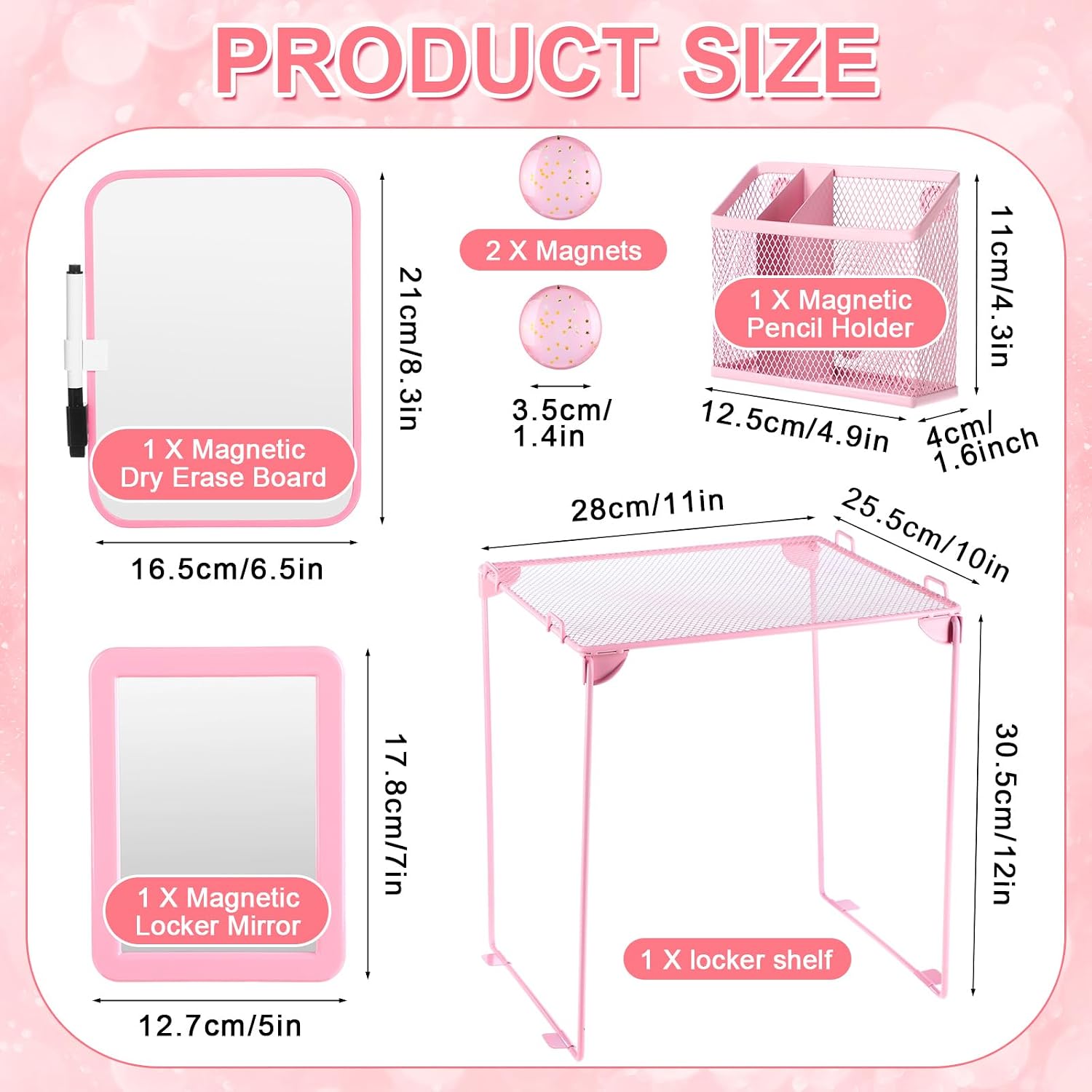 9 Pcs Locker Organizer and Accessories Kit Includes Shelf, 3 Shelf Hanging Organizer, Magnetic Pen Holder, Mirror
