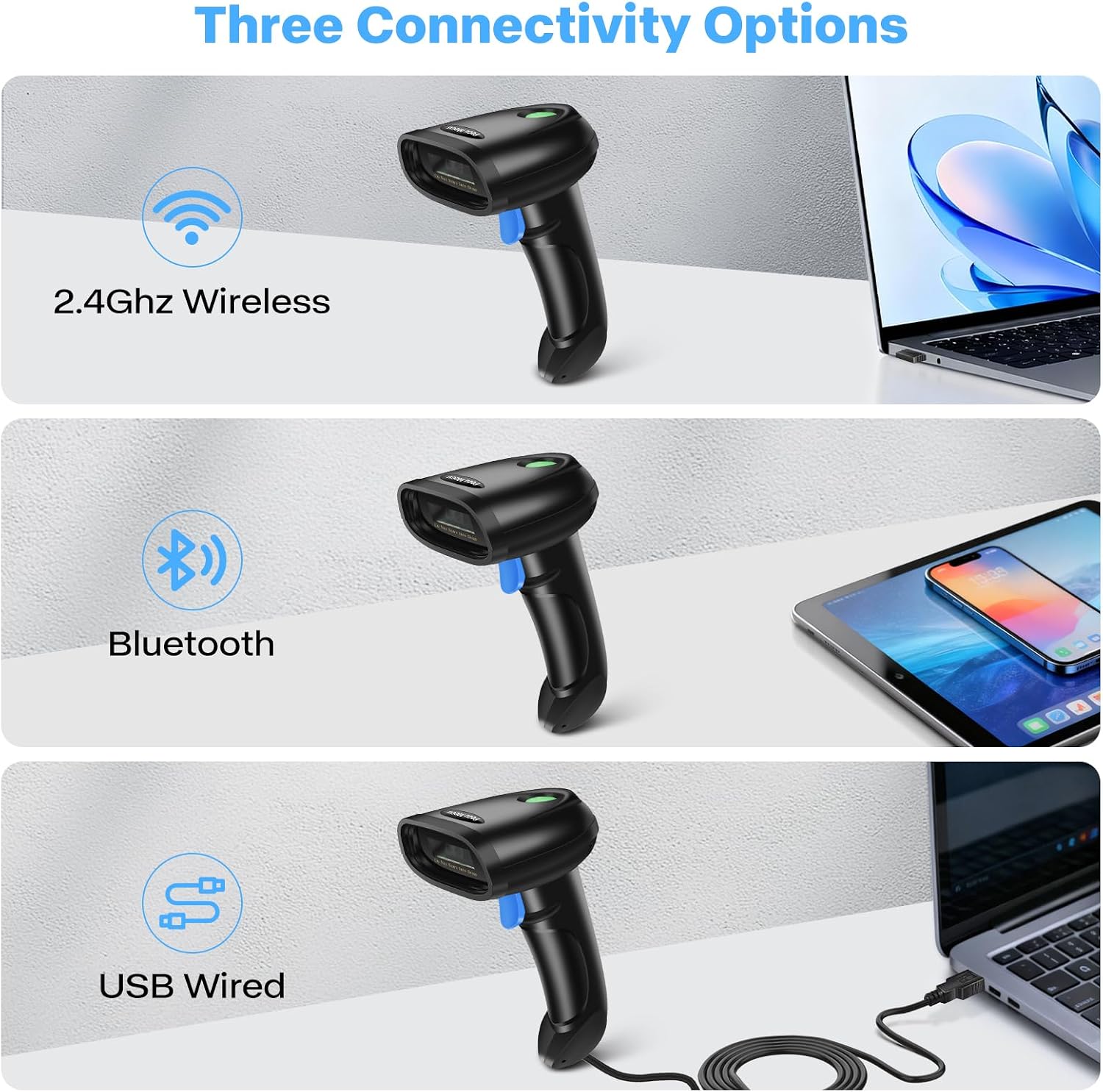Bluetooth 1D&2D Barcode Scanner, 3-in-1 Bluetooth & USB Wired & 2.4G Wireless QR Barcode Reader, PDF417 Data Matrix