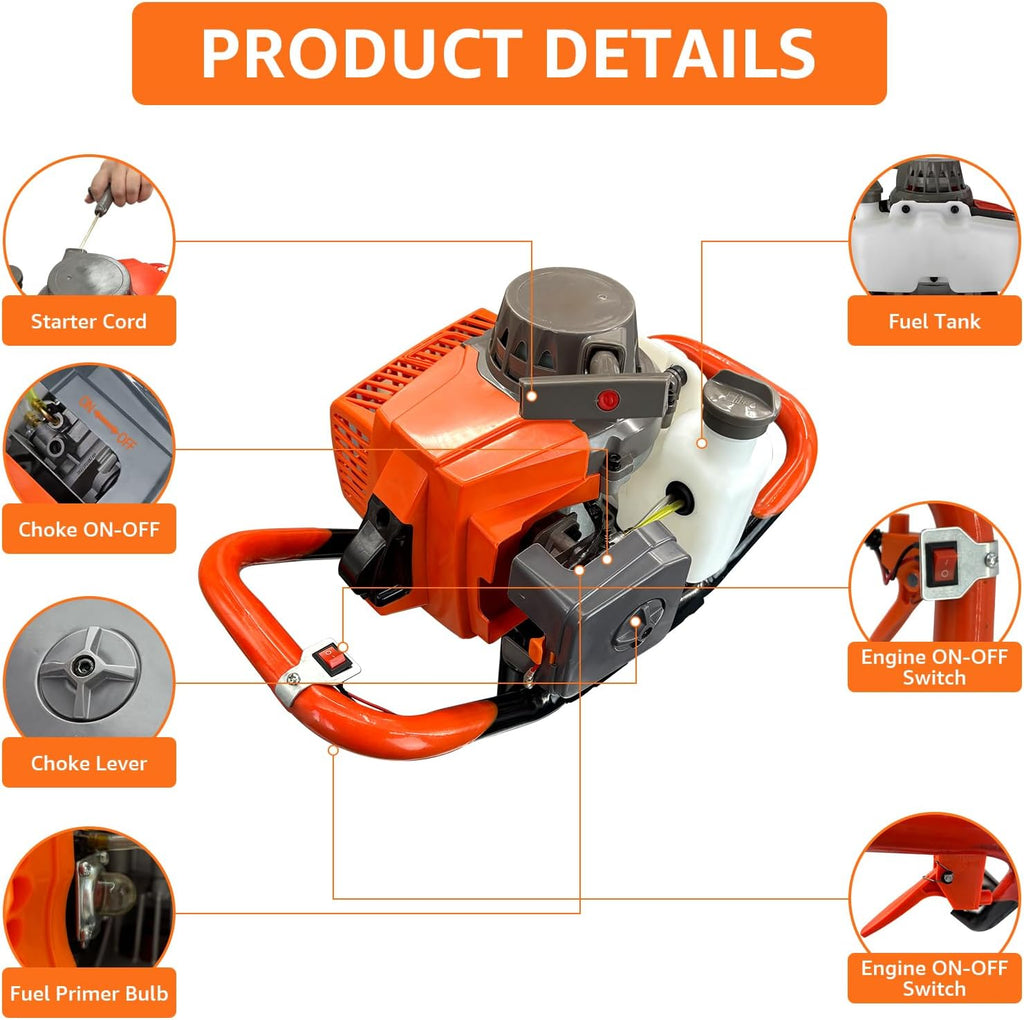 72CC Auger Post Hole Digger Gas Powered w/ 3 Bit & 2 Rods | 4" & 8" & 12" Auger Bits + 24" & 24" Extension Rod, Heavy