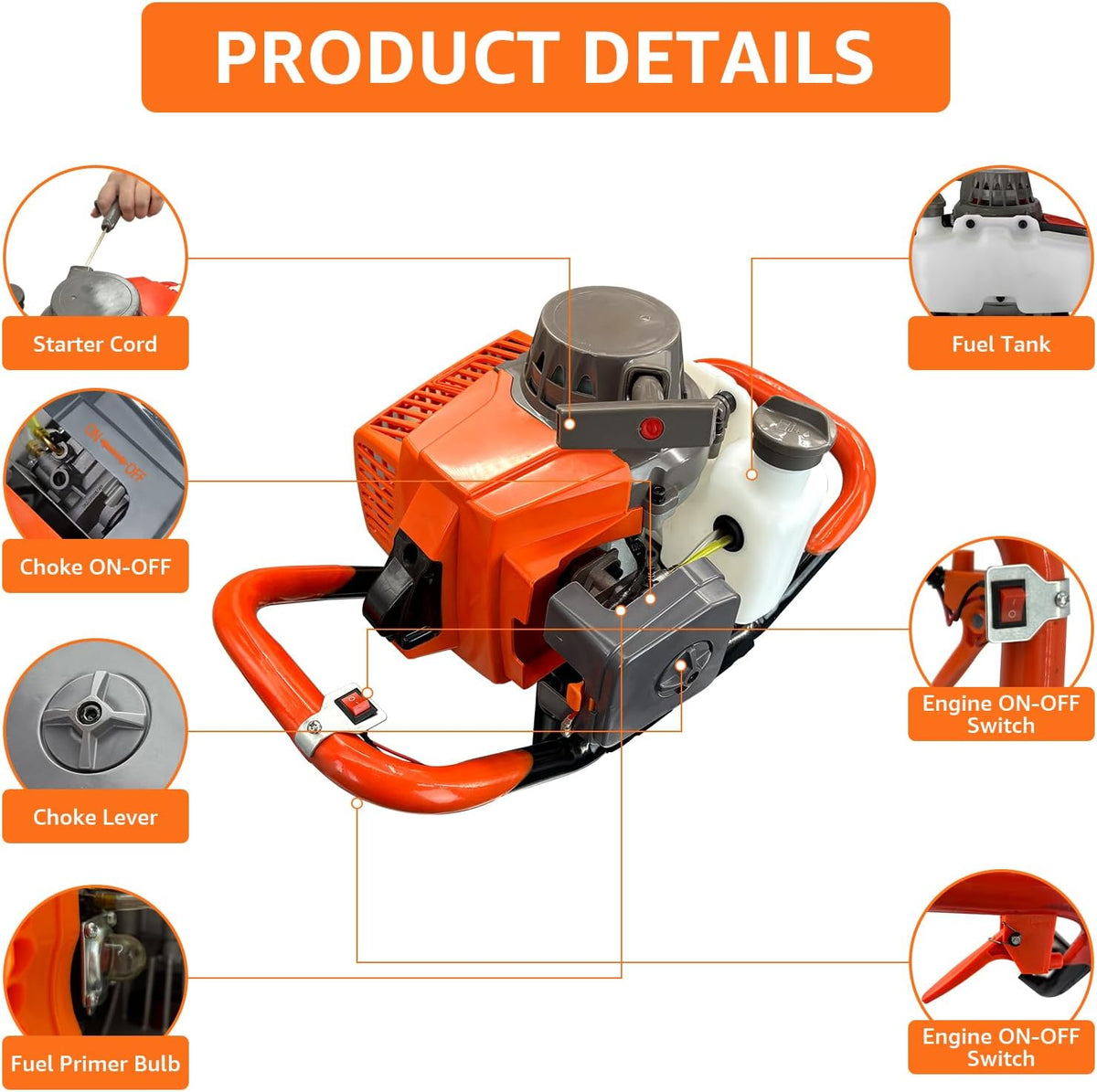 72CC Auger Post Hole Digger Gas Powered w/ 3 Bit & 2 Rods | 4" & 8" & 12" Auger Bits + 24" & 24" Extension Rod, Heavy